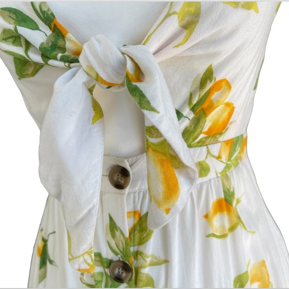 White Lemon Print Tie Front Noodle Strap A-line Mini Dress - Picture 4 of 16